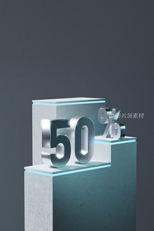 3D数字50%作为一个折扣符号，在一个抽象的楼梯与青色led线，三层讲台的产品展示