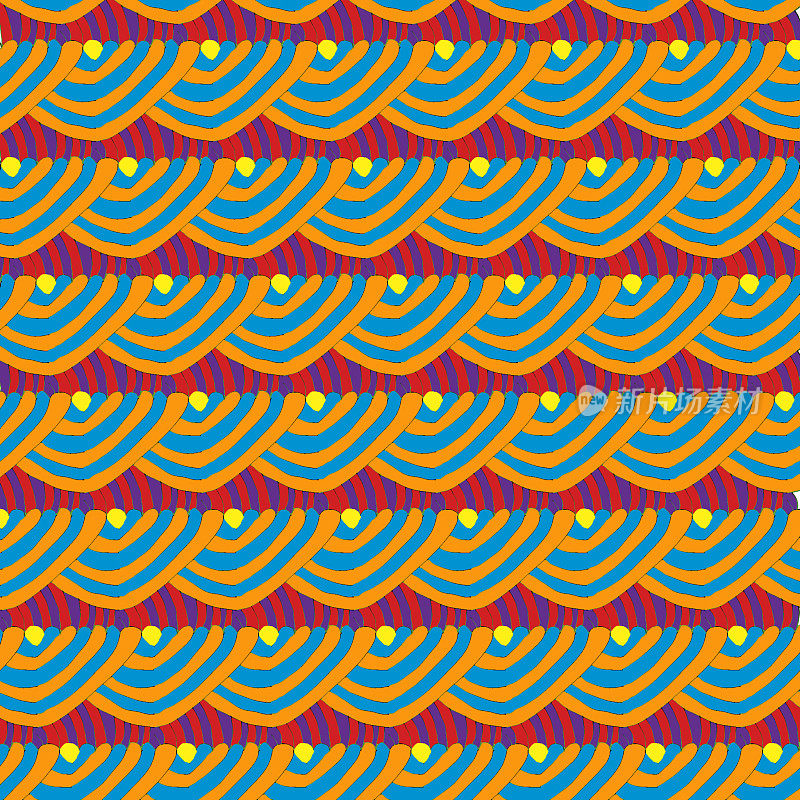 各种形状和大小的波浪和圆圈的彩色无缝图案，以使图案脱颖而出的方式排列