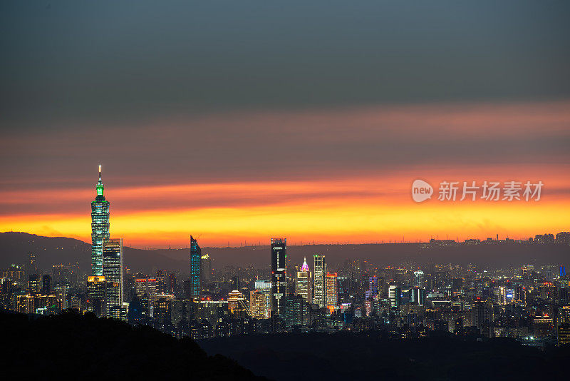 从台湾西芝大尖山欣赏黄昏的台北市景。