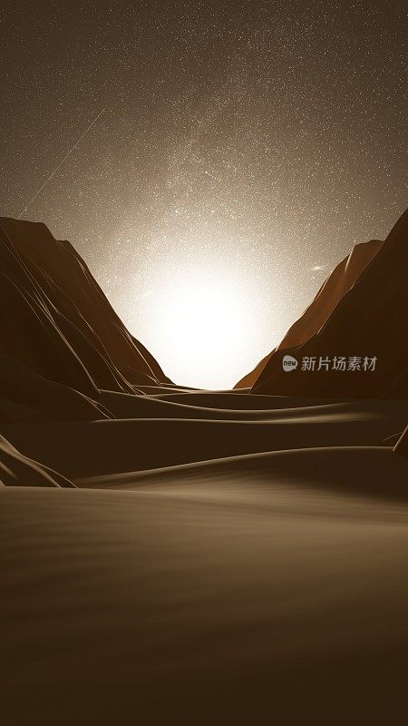 夜晚的沙漠景观，在繁星点点的天空下，岩石之间有沙丘。外星球上风景如画的山景。一个科幻的环境。3D插图，渲染。
