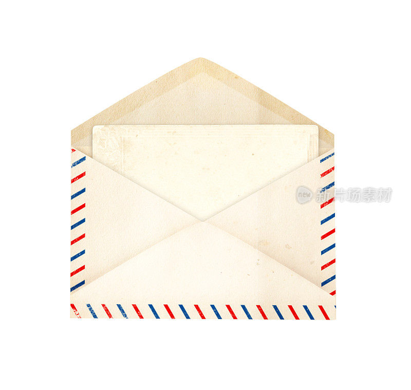 字体视图空白复古陈年开信纸信封与条纹边缘和复古卡在里面。有空白卡片的旧信封。隔离在白色背景上