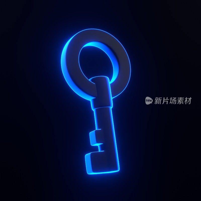 钥匙与明亮的发光未来的蓝色霓虹灯在黑色背景