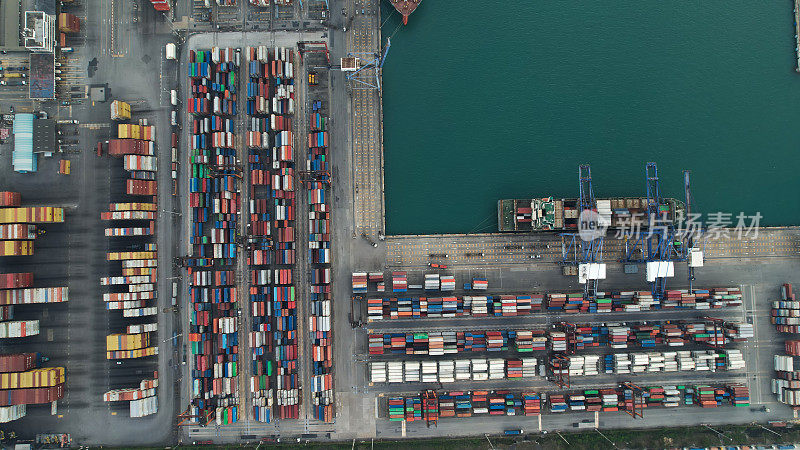港口俯视图或鸟瞰图，将货物集装箱装载到船上