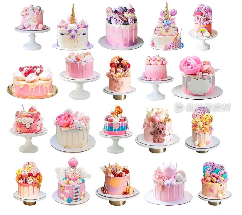终极一套不同的美丽的粉红色的现代蛋糕。美味和柔软的甜点，适合任何场合。PNG，复制空间