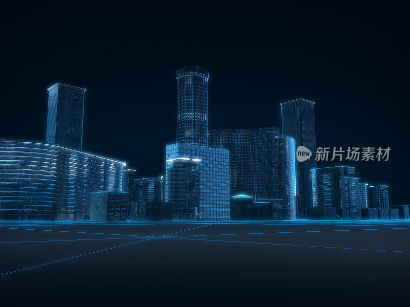 城市x射线蓝色透明的3D渲染在黑暗的背景。