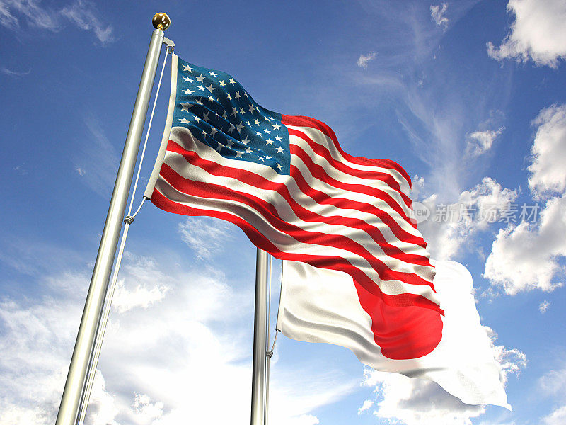 美国和日本的国旗在天空中飘扬