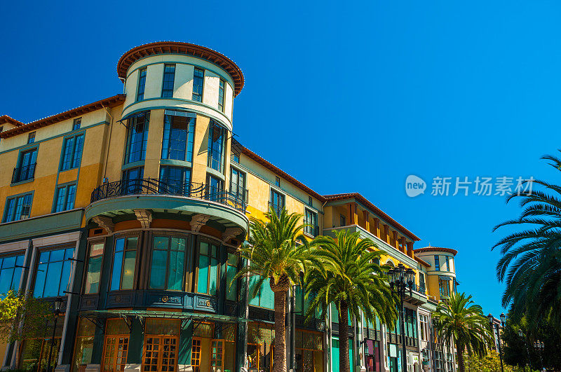 加州圣何塞的桑塔纳街建筑和棕榈树