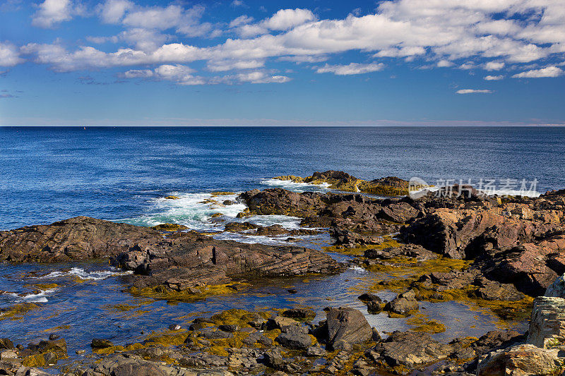 边缘方式岩石，海洋和蓝天，缅因州，新英格兰。