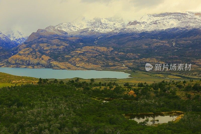 白雪皑皑的安第斯山脉，草原，湖泊，森林，阿根廷湖，巴塔哥尼亚景观