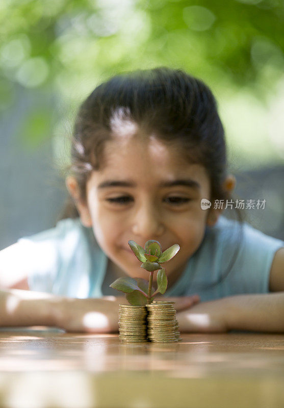 绿色植物通过一堆硬币生长