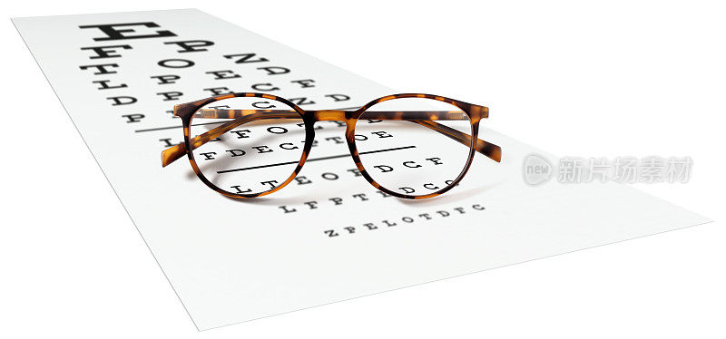 视力测试表上的斑点眼镜孤立在白色上。眼睛检查眼科概念