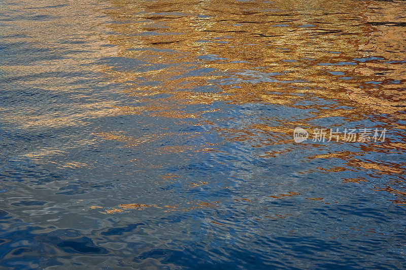 金色的蓝色波光粼粼的水在阳光下