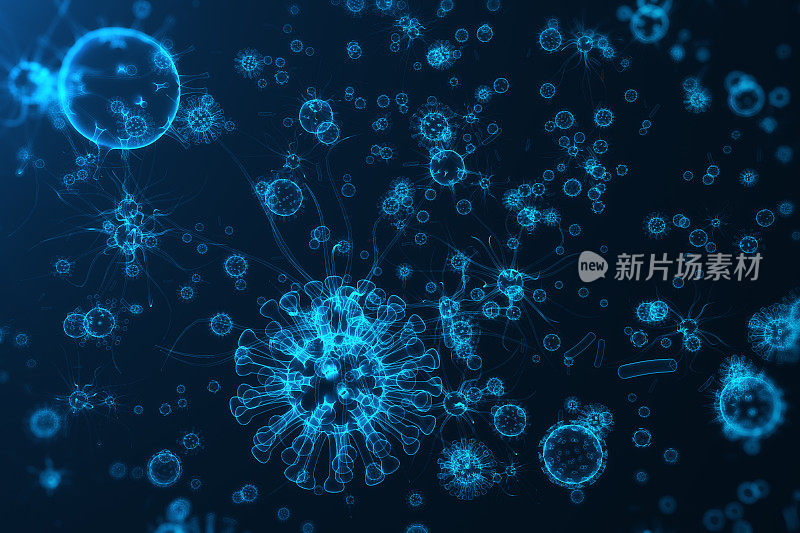 受感染生物中的病毒，病毒疾病的流行，蓝色荧光背景上的病毒抽象，三维渲染