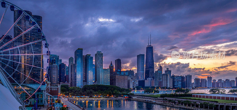 芝加哥天际线日落
