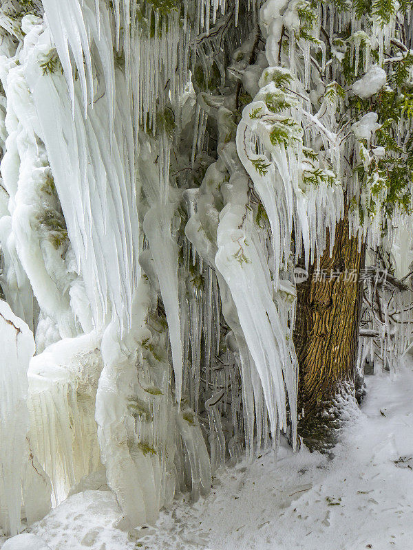 暴风雪过后，湖面上的风景、树木和树枝都被冰雪覆盖。