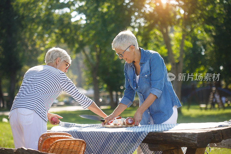 老年妇女在准备野餐桌