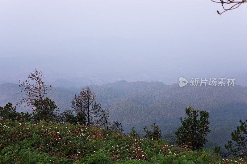 清晨的尘土环绕着山Doi孟Angkhet