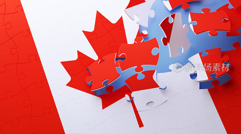 拼图概念-在蓝色背景上形成加拿大国旗的拼图