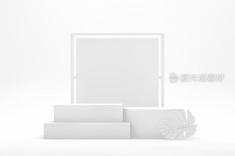 3D空讲台，基座，展示与空白框架上的白色背景