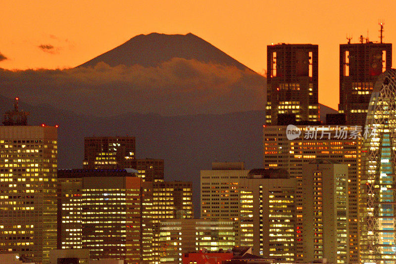 富士山和东京的天际线:白天和黑夜