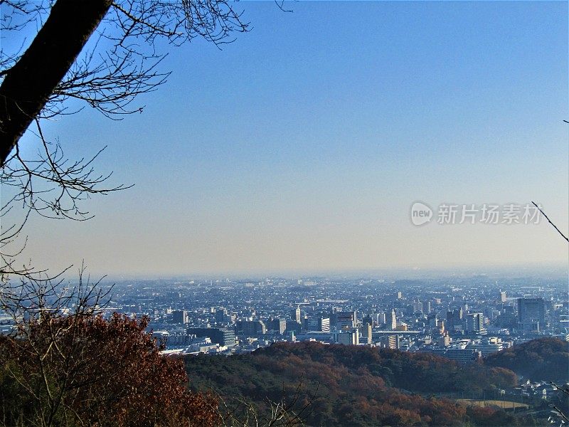 日本。12月。大田市的全景从邻居的山。