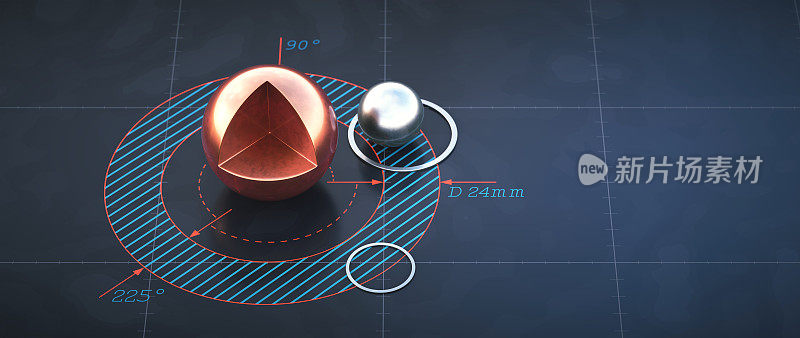 一个切割球体和环形模型铺设在一个闪亮的蓝色表面与斑驳的蓝图原理图，高角度组成