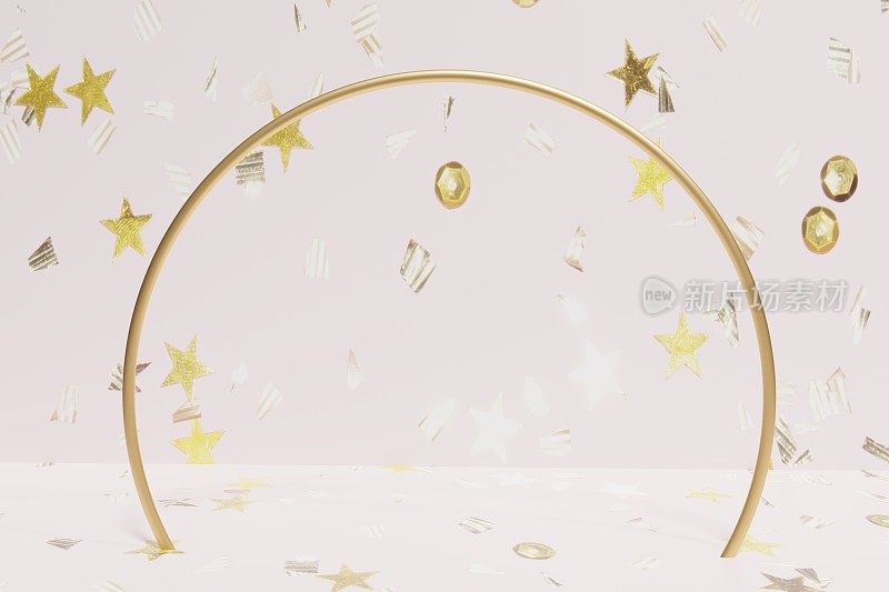 3d渲染金色的戒指拱门与金色飘落的五彩纸屑在粉红色的背景