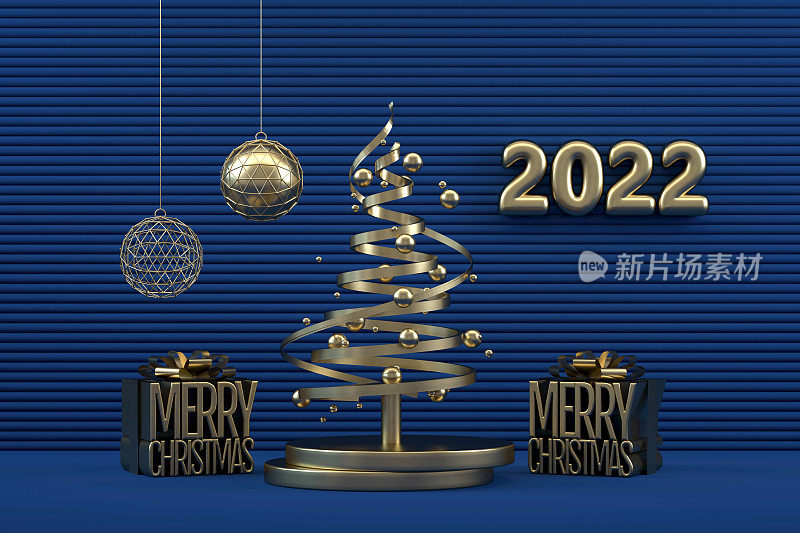 2022年新年，蓝色背景上有飞行饰品的3D圣诞树