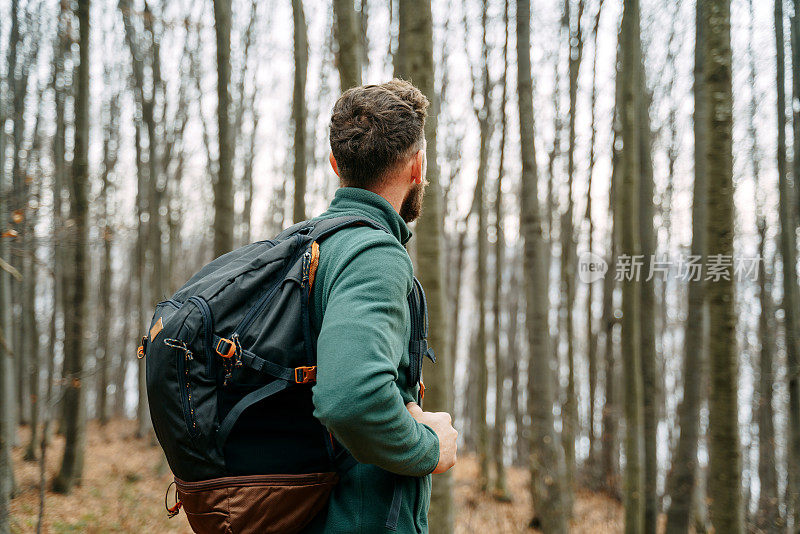 活跃的游客在秋天的森林里徒步旅行