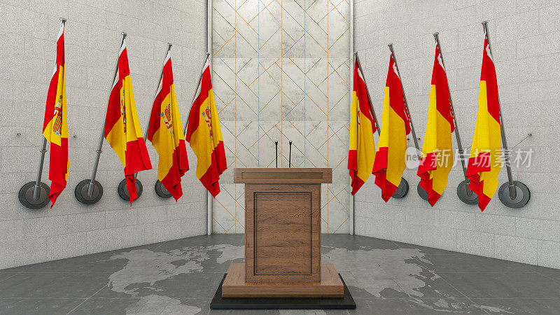西班牙议会概念:一排西班牙国旗和一面空木墙。记者招待会在政府大楼举行