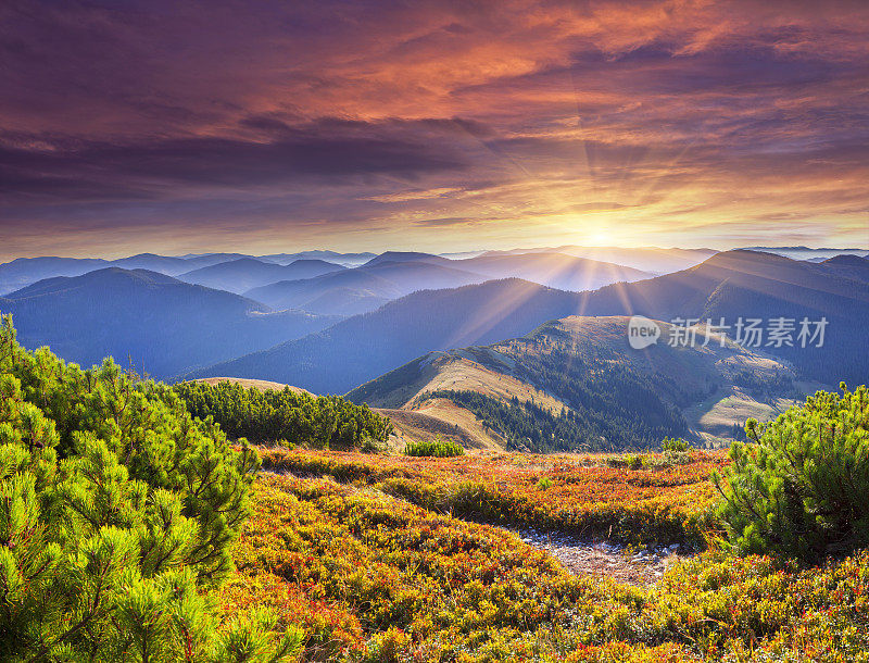 喀尔巴阡山脉秋日缤纷的日出。