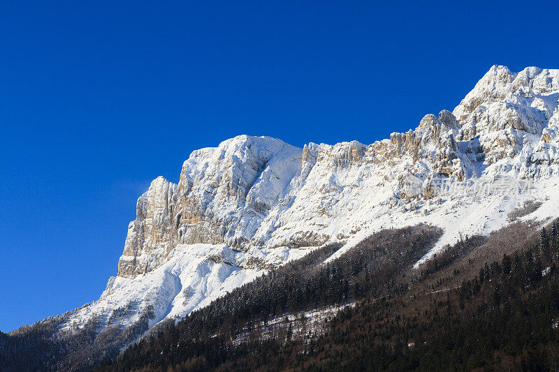 蓝天下雪山的低角度景色