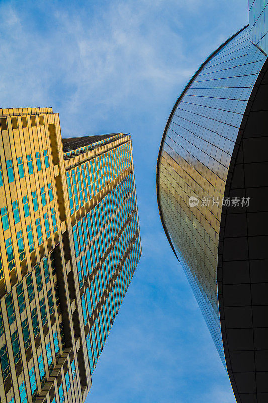 市中心商业区的摩天大楼，蔚蓝的天空