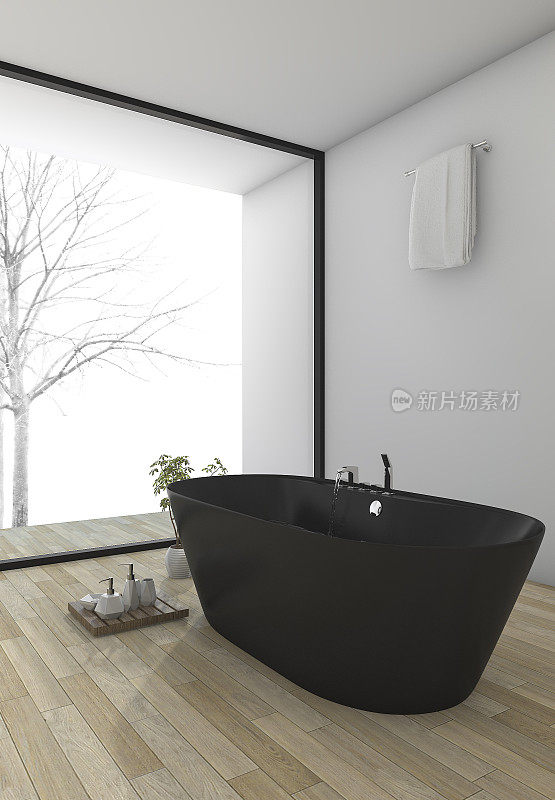 3d渲染最小的木地板浴室靠近窗户在冬天