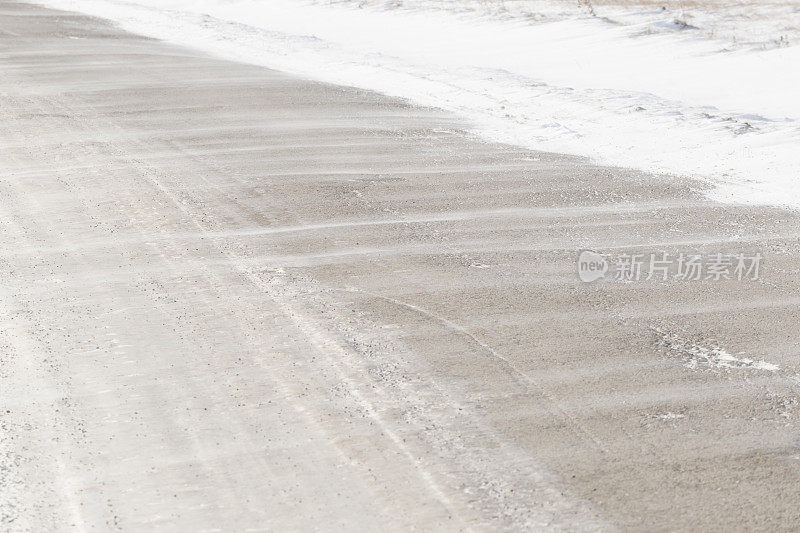 大风把雪吹在柏油路上