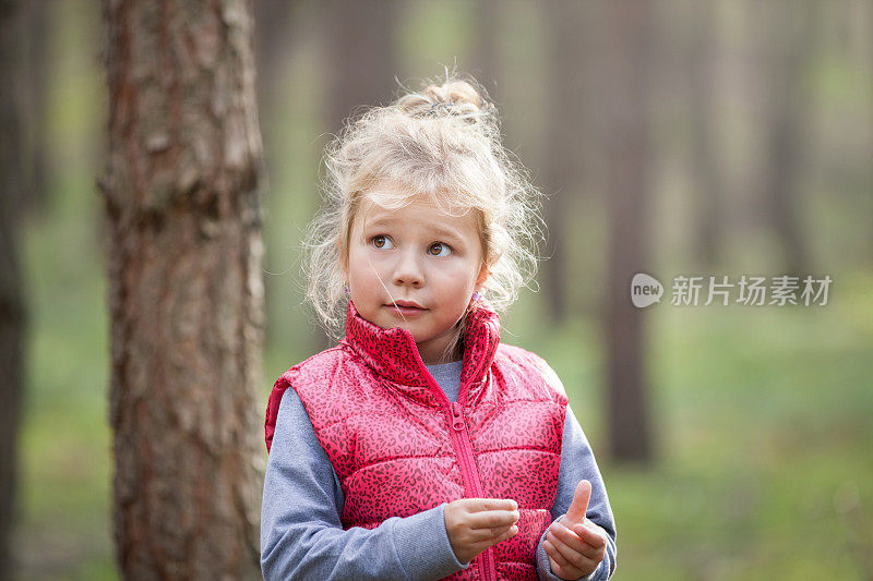 可爱的小女孩在看森林里的东西