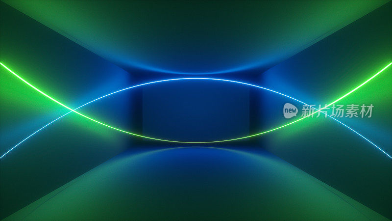 3d渲染，激光显示，夜总会室内灯光，绿色蓝色抽象荧光背景，发光的曲线，几何形状