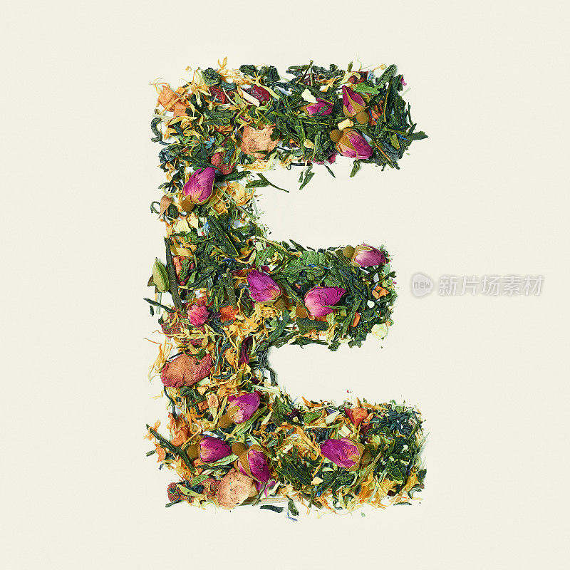 带有花朵和果实的茶叶，白色背景上的字母E，俯视图