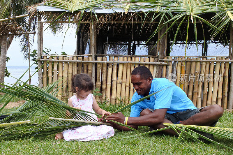 土著斐济男子教女孩如何制作篮子