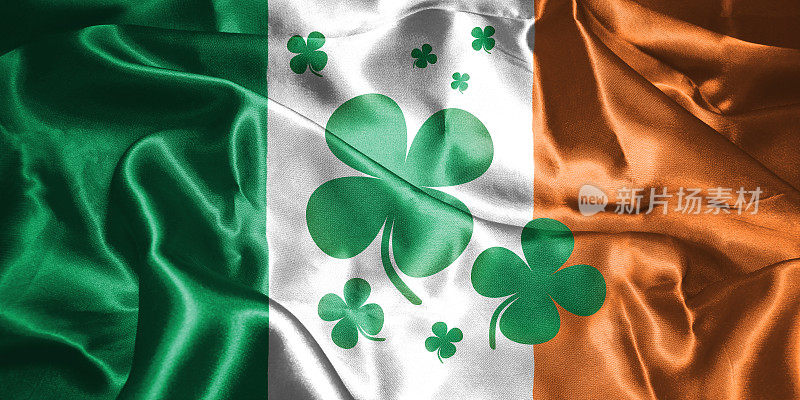圣帕特里克节。爱尔兰国旗与三叶草叶3D插图