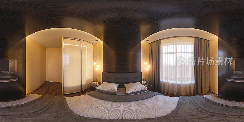 3d渲染球形360度，无缝全景卧室室内设计。卧室的设计是斯堪的纳维亚风格的