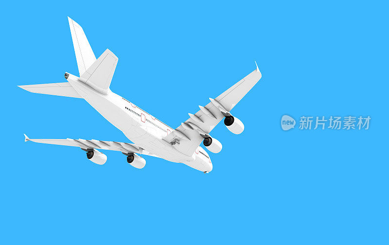 空中客车A380的3D插图飞机隔离在蓝色背景。后方底部视图。的角度来看