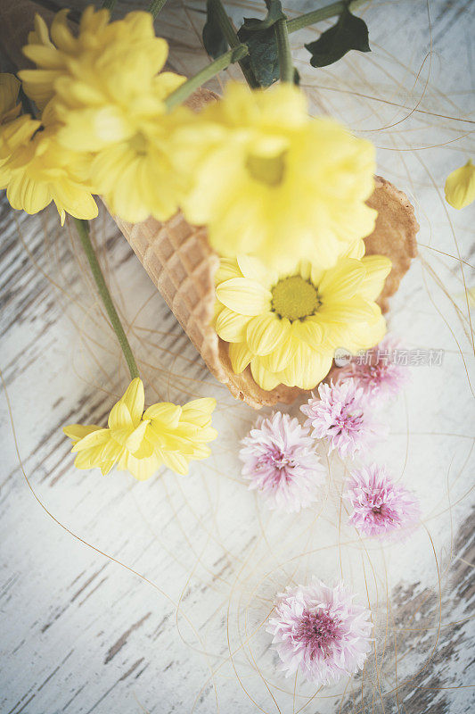高角度的黄色和粉红色的花和冰淇淋角