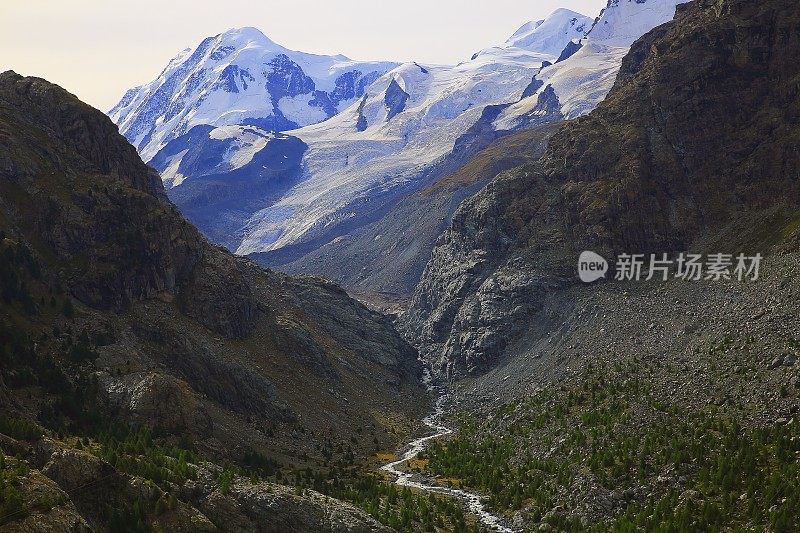 童话般的风景:飘渺的蒙特罗莎和戈尔纳冰川河瀑布在田园诗般的泽马特山谷和草地上，戏剧性的瑞士白雪覆盖的阿尔卑斯山，田园诗般的乡村，瓦莱，瑞士阿尔卑斯山，瑞士