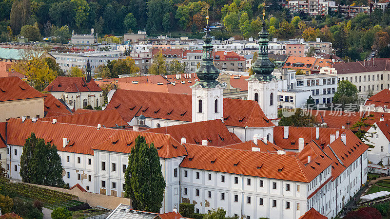 鸟瞰图与红色屋顶的老城在布拉格，捷克共和国。
