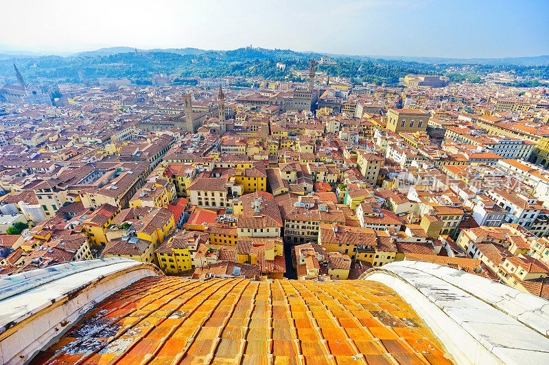 在一个阳光明媚的日子里，背景是佛罗伦萨大教堂的圆顶和佛罗伦萨城。