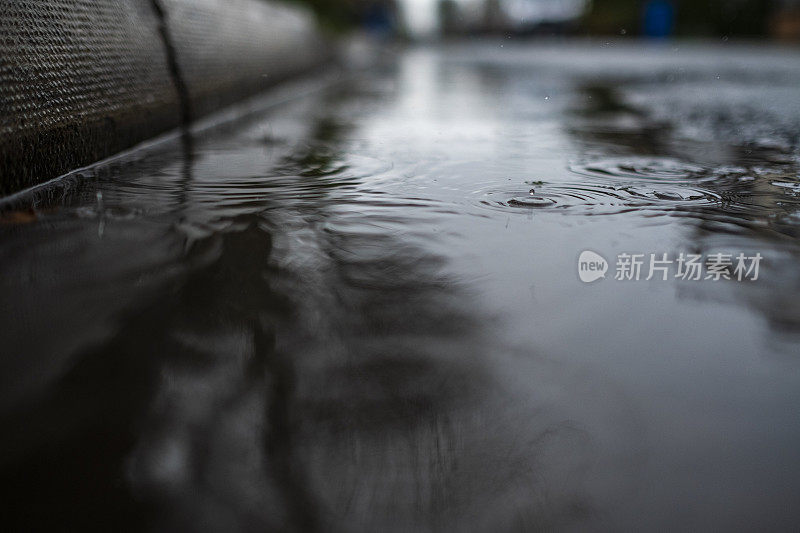 在一个阴沉的冬日，雨点落在路边的水坑里。