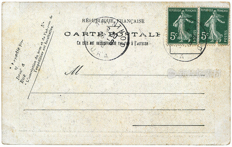 20世纪早期从法国Jura的Arinthod寄来的老式明信片，对于任何历史明信片通信的使用都是一个非常好的背景。