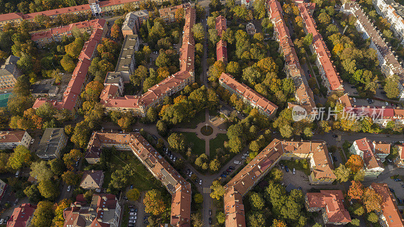 Königsberg(现在的加里宁格勒)的历史街区鸟瞰图，这是位于东普鲁士的古老德国城市，二战后被移交给苏联。