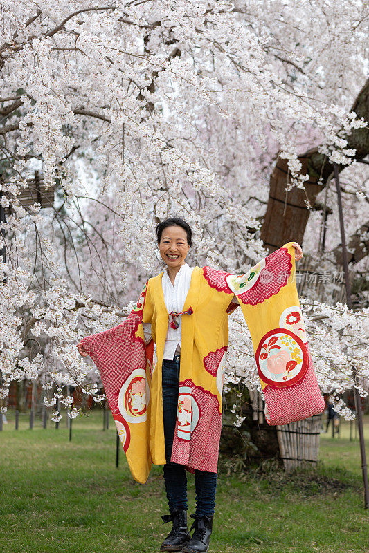 一个日本女人在欣赏樱花